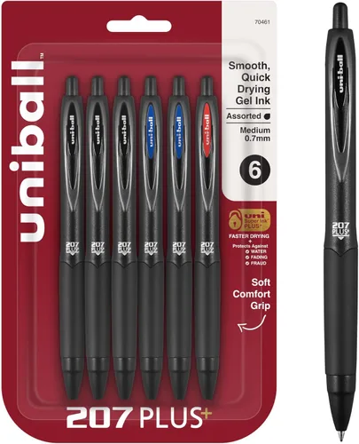 Uniball 207 Plus+ - Bolígrafos de gel retráctiles, paquete de 6 en varios colores con puntas de punta media de 0.028 in, Uni-Super Ink+ es suave;