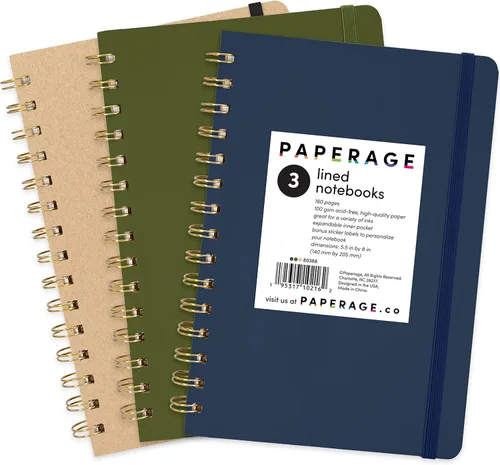 PAPERAGE Cuaderno de espiral rayado, (azul marino, verde oliva, kraft), paquete de 3, 160 páginas, tamaño mediano de 5.5 x 8 pulgadas, papel grueso