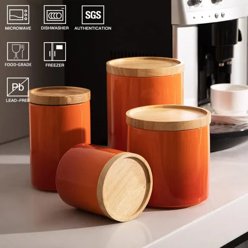Miniatura 2 de Sweejar Tarro de cerámica para almacenar alimentos, recipientes de cocina apilables, recipientes con tapa de madera hermética para servir café