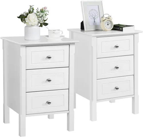 Miniatura 12 de Yaheetech Mesita de noche con 3 cajones, mesita de noche de madera de 3 cajones con patas de madera maciza, armario mesita de noche organizador