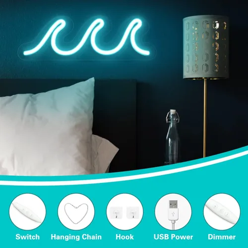 Miniatura 4 de Letreros de neón ondulados para dormitorio, letreros de neón LED azul hielo para decoración de pared, luces nocturnas alimentadas por USB
