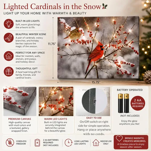 Miniatura 3 de BANBERRY DESIGNS Impresión en lienzo de cardenales iluminados en la nieve, imagen LED con pareja cardenal y bayas navideñas, mide 11.75 x 15.75
