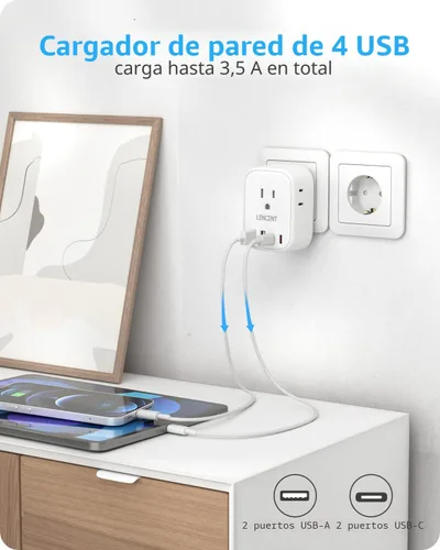 Miniatura 5 de LENCENT - Adaptador de enchufe de viaje europeo, enchufe plegable tipo C de Estados Unidos a Europa con 4 tomas, 4 puertos USB (2 USB C), adaptador