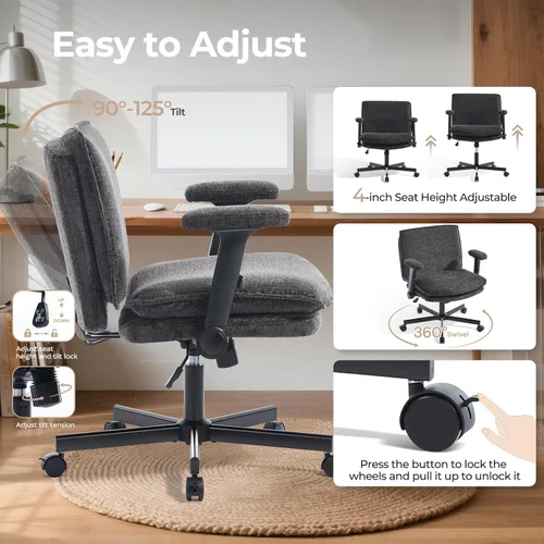 Miniatura 4 de Silla Cruzada con Brazos Abatibles y Ruedas con Bloqueo, Silla de Escritorio de Oficina de Tela de Felpa con Patas Cruzadas, Silla Giratoria de Negro