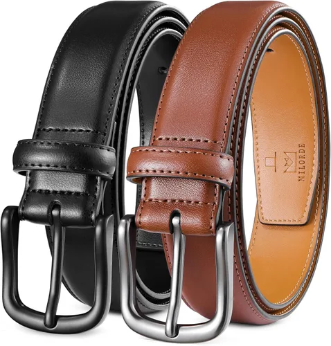 Miniatura 7 de MILORDE Cinturón de vestir de cuero para hombre, 2 unidades, hecho a mano, cuero genuino, diseños clásicos y modernos para el trabajo, negocios