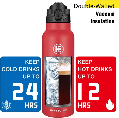 Miniatura 6 de Han's Bottle Botella de agua deportiva de 24 onzas, tapa con pajilla, a prueba de fugas, acero inoxidable aislado al vacío, doble pared, taza Rojo