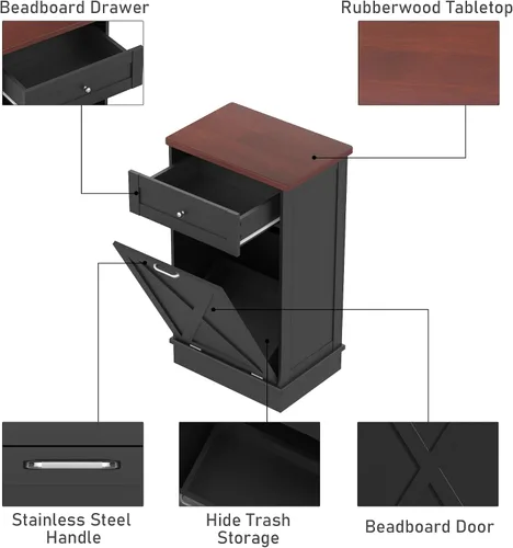 Miniatura 5 de TOLEAD Gabinete de basura oculto de madera de 10 galones con parte superior y cajón de madera maciza, contenedor de basura de cocina de granja