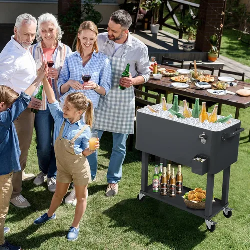 Miniatura 8 de Outvita Hielera Rodante de 80 Cuartos, Enfriador Portátil de Bebidas para Bar con Bandeja Colectora, Bandeja de Almacenamiento Inferior y Gris-oscuro