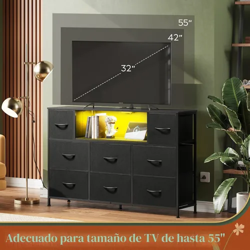 Miniatura 7 de WLIVE - Soporte de TV con cómoda en negro para TV de 45, 50, 55 pulgadas, centro de entretenimiento con luces LED y estación de carga, cómoda con 8