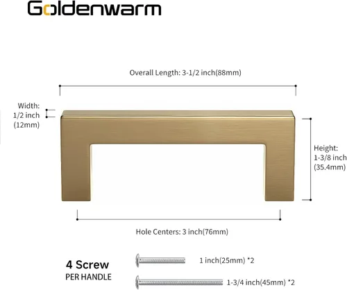 Miniatura 2 de Goldenwarm Paquete de 10 manijas cuadradas de bronce champán de 3 pulgadas (2.992 in) para armarios de cocina, armarios, aparadores y accesorios