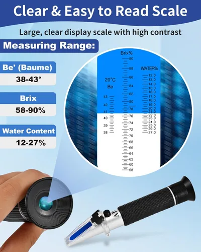 Miniatura 4 de Refractómetro de Miel para Humedad, Brix y Baume, Refractómetro Brix Meter con ATC, (12-27% Humedad Miel, 58-90% Brix, 38-43° Baume), Refractómetro
