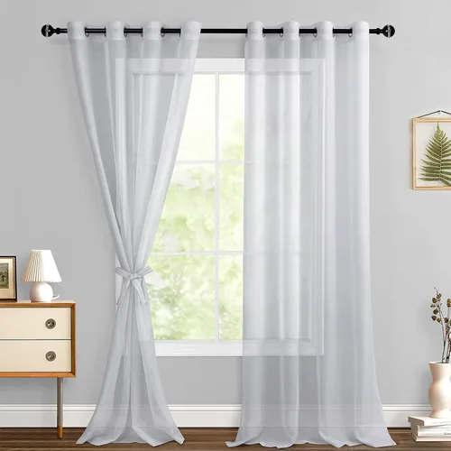 Miniatura 34 de Hiasan - Cortinas traslúcidas de gasa cortas semitransparentes con ojales y alzapaños filtrantes de luz para ventana, dormitorio, baño, 2 paneles