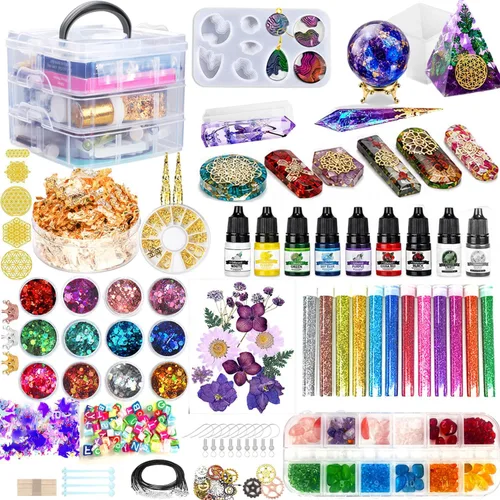 Kit de resina – Juego completo de kits y moldes de resina, 125 piezas de resina para principiantes con esfera, pirámide, moldes de cristal y