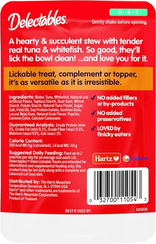 Miniatura 7 de Hartz Delectables Estofado Golosinas húmedas lamibles para gatos adultos y mayores, atún y pescado blanco, 12