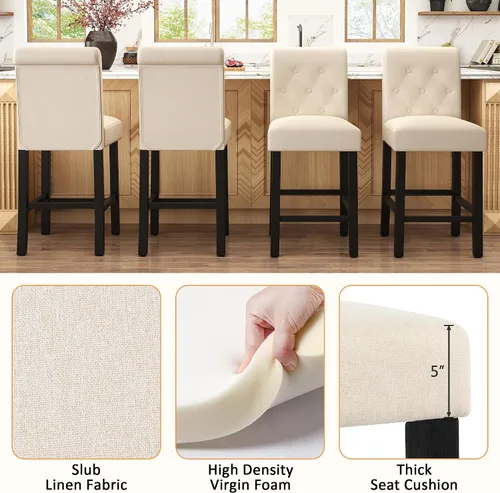 Miniatura 4 de GOTMINSI Taburetes de tela beige de 24 pulgadas, juego de 2 sillas tapizadas de altura de mostrador con decoración copetuda de estilo ocio