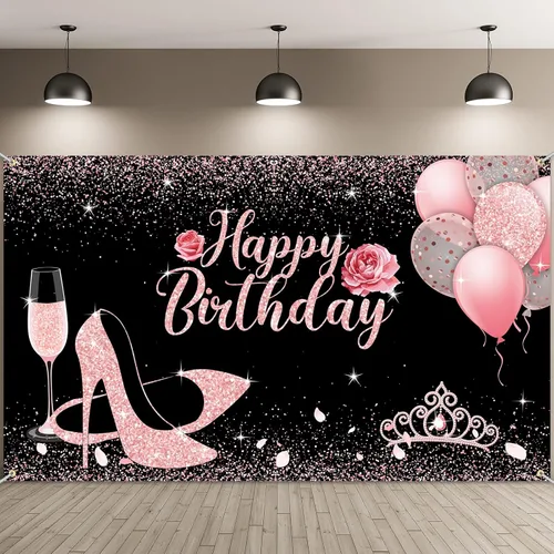 Sumind Decoración de pancarta de feliz cumpleaños, fondo de cumpleaños negro y rosa, 6 x 3.6 pies, oro rosa y negro, decoraciones de fiesta para