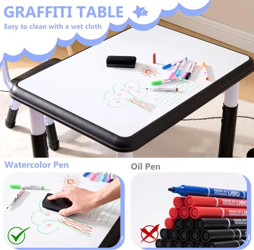 Miniatura 4 de Set de mesa y sillas para niños GTOLV (2 sillas), juego de mesa y silla ajustable en altura para niños de 3 a 8 años con escritorio con grafitis