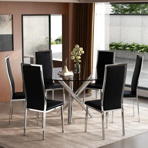 Miniatura 27 de Moderno juego de mesa redonda de cristal para 2, juego de mesa de cocina de círculo pequeño de 36 pulgadas con 2 sillas de comedor de piel sintética