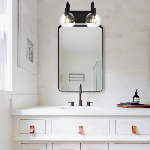 Miniatura 6 de Luz de tocador de baño con vidrio esmerilado en forma de globo de 2 luces, aplique de pared industrial negro para vestíbulo o pasillo