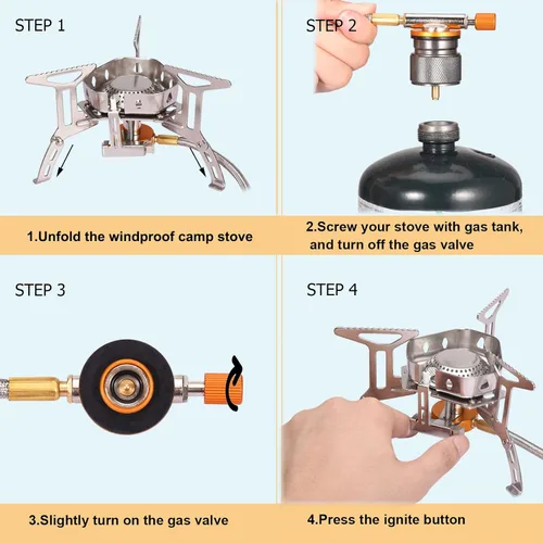 Miniatura 5 de Estufa portátil para mochileros con encendido piezoeléctrico a prueba de viento, estufa de gas para campamento, quemador plegable con adaptador