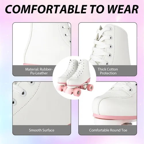 Miniatura 6 de YYW Patines de ruedas para mujeres y niñas, patines de derby de luces, patines de cuero sintético de doble fila, patines negros y rosas