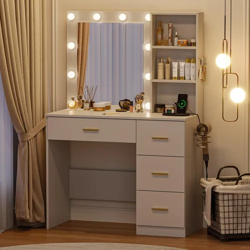 Miniatura 7 de Escritorio de tocador blanco con espejo iluminado por LED, escritorio de maquillaje con espejo iluminado con 4 cajones de almacenamiento y toma