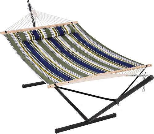 Miniatura 23 de ANOW Hamaca doble con combo de soporte de acero resistente de 12 pies, hamaca acolchada para 2 personas con soporte para exterior, capacidad