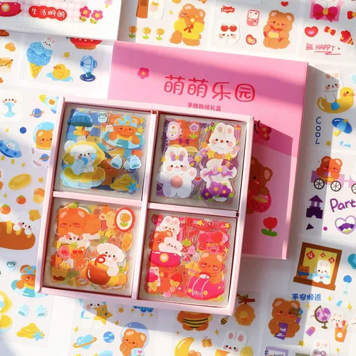 Adhesivos de conejito y oso de dibujos animados lindos, EAMOTOL 100 hojas de animales kawaii transparentes de PET para álbum de recortes, Paraíso