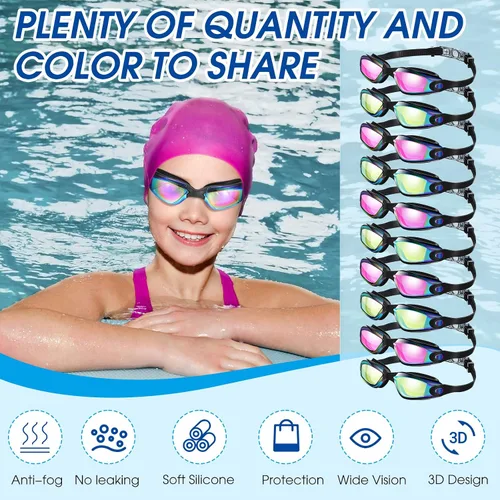 Miniatura 5 de Treela 10 gafas de piscina, gafas de natación, paquete múltiple, anti niebla, de silicona, sin fugas, para adultos