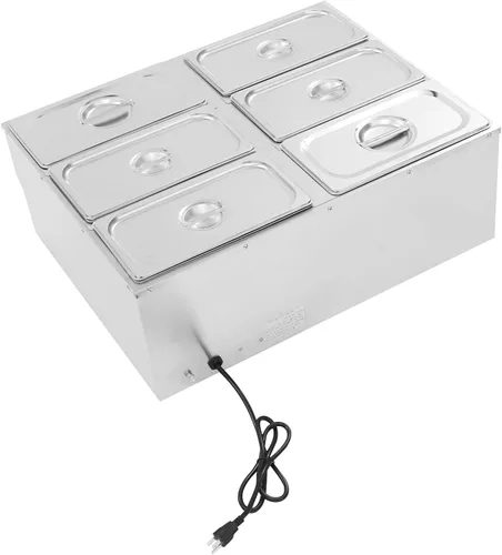 Miniatura 7 de Calentador de alimentos comercial de 110 V, 6 sartenes, de acero inoxidable eléctrico de 1500 W, calentador de alimentos Bain Marie, mesa de vapor