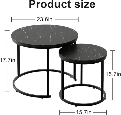 Miniatura 3 de aboxoo Mesa de Centro Redonda Anidable Juego Lateral de 2 Mesas Auxiliares para Sala de Estar Dormitorio Balcón, Mesa de Madera de Mármol Sintético