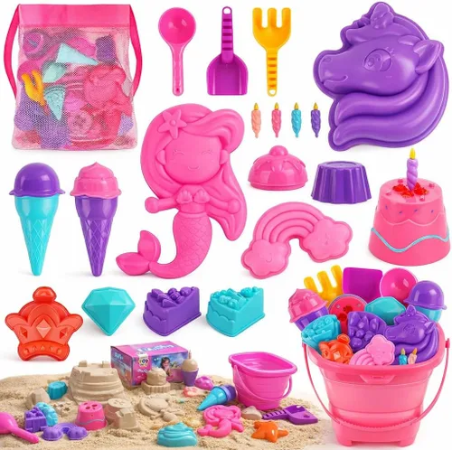 Miniatura 11 de TOY Life 41 piezas de juguetes de playa para niños de 4 a 8 años, juguetes de arena plegables para niños pequeños con cubo de silicona, palas y kit