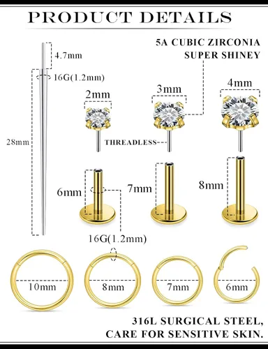 Miniatura 2 de Aretes de nariz de acero quirúrgico 316L, 20G, 18G y 16G, sin rosca, aretes de lóbulo para cartílago, cartílago, oreja, labio, piercing para mujeres