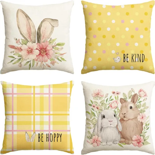 Miniatura 12 de AVOIN colorlife Juego de 4 fundas de cojín de Pascua con diseño de búfalo y flor de conejo de Pascua Be Hoppy Bule, 18 x 18 pulgadas, diseño