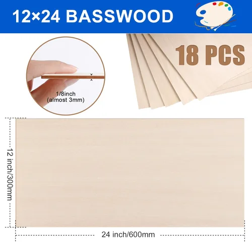 Miniatura 2 de Paquete de 18 hojas de tilo de 12 x 24 x 1/8 pulgadas, madera de tilo de gran tamaño para corte y grabado láser, tablero de madera contrachapada