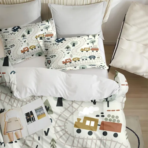 Miniatura 5 de Juego de edredón con funda de almohada tamaño individual, diseño de coche de dibujos animados, tren, mapa de carretera, decoración de cama linda