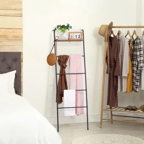 Miniatura 2 de Escalera para Mantas de 5 Niveles Apoyada en la Pared con Estante Escalera Decorativa para Mantas Estante de Metal Escalera Inclinada para Toallas
