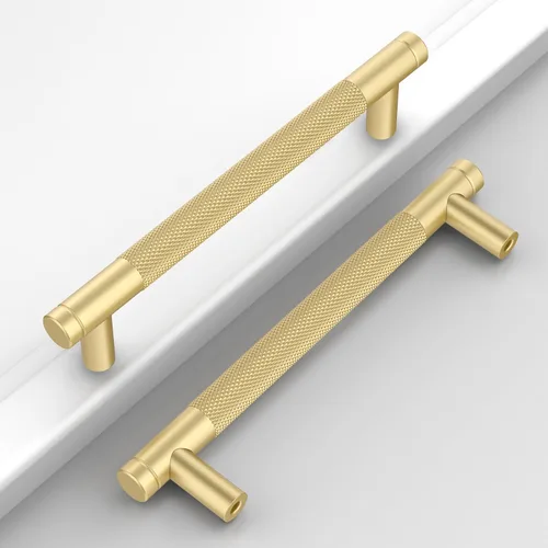 Paquete de 10 tiradores de gabinete de cocina color oro cepillado de 5 pulgadas (128mm), manijas estriadas para cajones, accesorios para armarios y