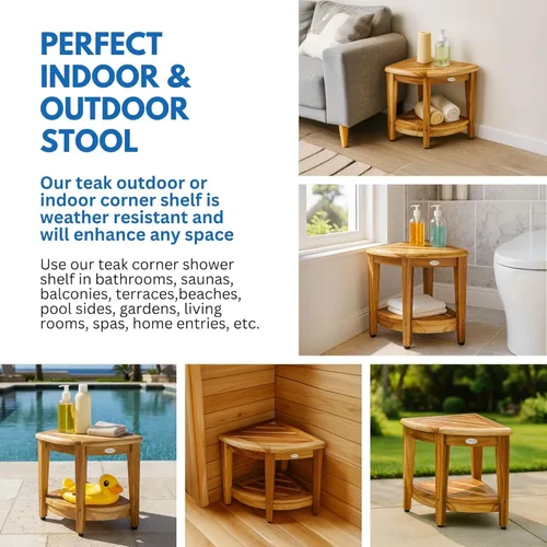 Miniatura 6 de EcoDecors Organizador de esquina de teca para ducha de 18 pulgadas, organizador de almacenamiento de madera impermeable con estante integrado