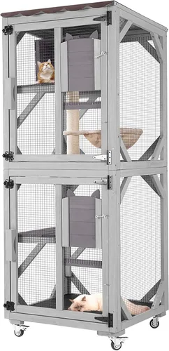 Aivituvin Catio - Jaula de madera para gatos al aire libre con acceso a ventana, casa grande para gatitos sobre ruedas, 62.4 pulgadas, patio interior