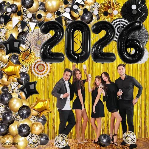 Miniatura 5 de KatchOn, Juego de decoraciones de Año Nuevo 2026 negro y dorado, paquete grande de 115 unidades, kit de arco de globos de Feliz Año Nuevo, globos
