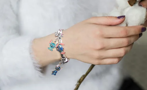 Miniatura 7 de HTPARY Stitch Bracelet Charm Bracelets DIY Cartoon Jewellery, Zinc Alloy Stitch Gift for Girls Daughter Women