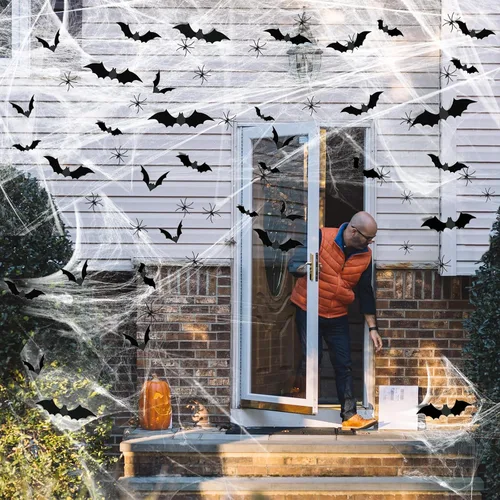 Miniatura 9 de Famoby 1200 pies cuadrados de telarañas de Halloween y 120 murciélagos falsos y 50 arañas falsas, telarañas superelásticas para decorar fiestas