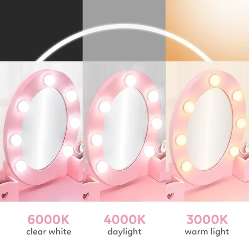 Miniatura 3 de Garvee Juego de tocador para niños, juego de mesa y silla para niñas con espejo iluminado, taburete y juego de maquillaje de madera, rosa