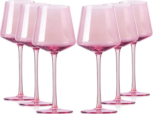 comfit Juego de 6 copas de vino rosa, copas de vino coloridas con tallo largo y borde delgado, copas de vino de colores modernos para boda,