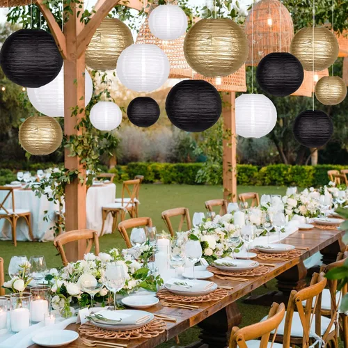 Miniatura 3 de 15 linternas de papel negras y doradas, redondas, colgantes, chinas, de 4, 6, 8, 10, 12 pulgadas, para despedida de soltera, compromiso, boda, bebé