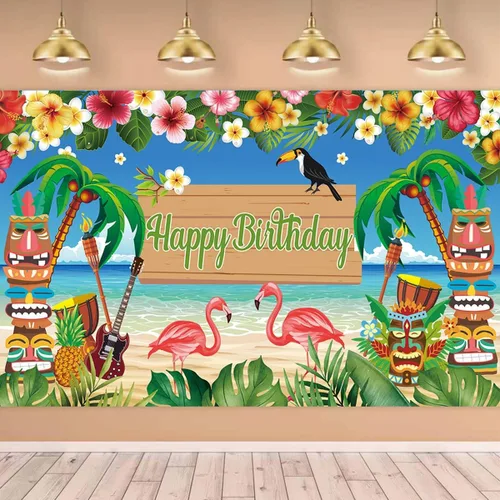 Miniatura 6 de KYMY Cartel grande hawaiano de Luau con texto en inglés "Happy Birthday", cartel de cumpleaños floral de verano con flamenco tropical de 70.8 x 43.3