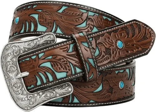 Western-Cowgirl-Cinturones para Mujer y Hombre Turquesa-Decorado-Hebillas Plateadas-Cinturones de Cuero de Vaquero Occidental para Pantalones