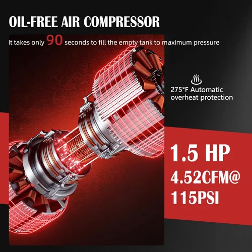 Miniatura 3 de Compresor de aire ultra silencioso de 8 galones, 1.5HP 4.52 CFM, tanque de compresor de aire sin aceite máximo de 115 PSI para reparación