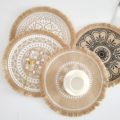 Miniatura 2 de Juego de 6 manteles individuales para mesa de cocina, manteles individuales redondos hechos a mano con flecos, para comedor, cocina, manteles